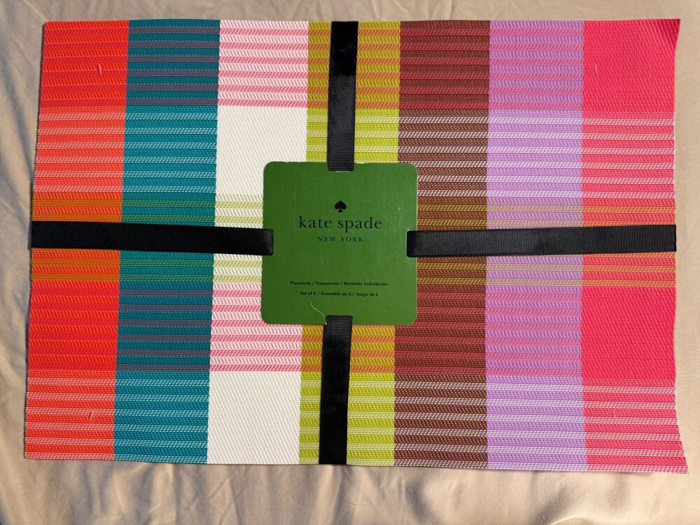KATE SPADE Plaid Vinyl Placemats Set of 6 Pop of Color Designer Decor NWT woven
